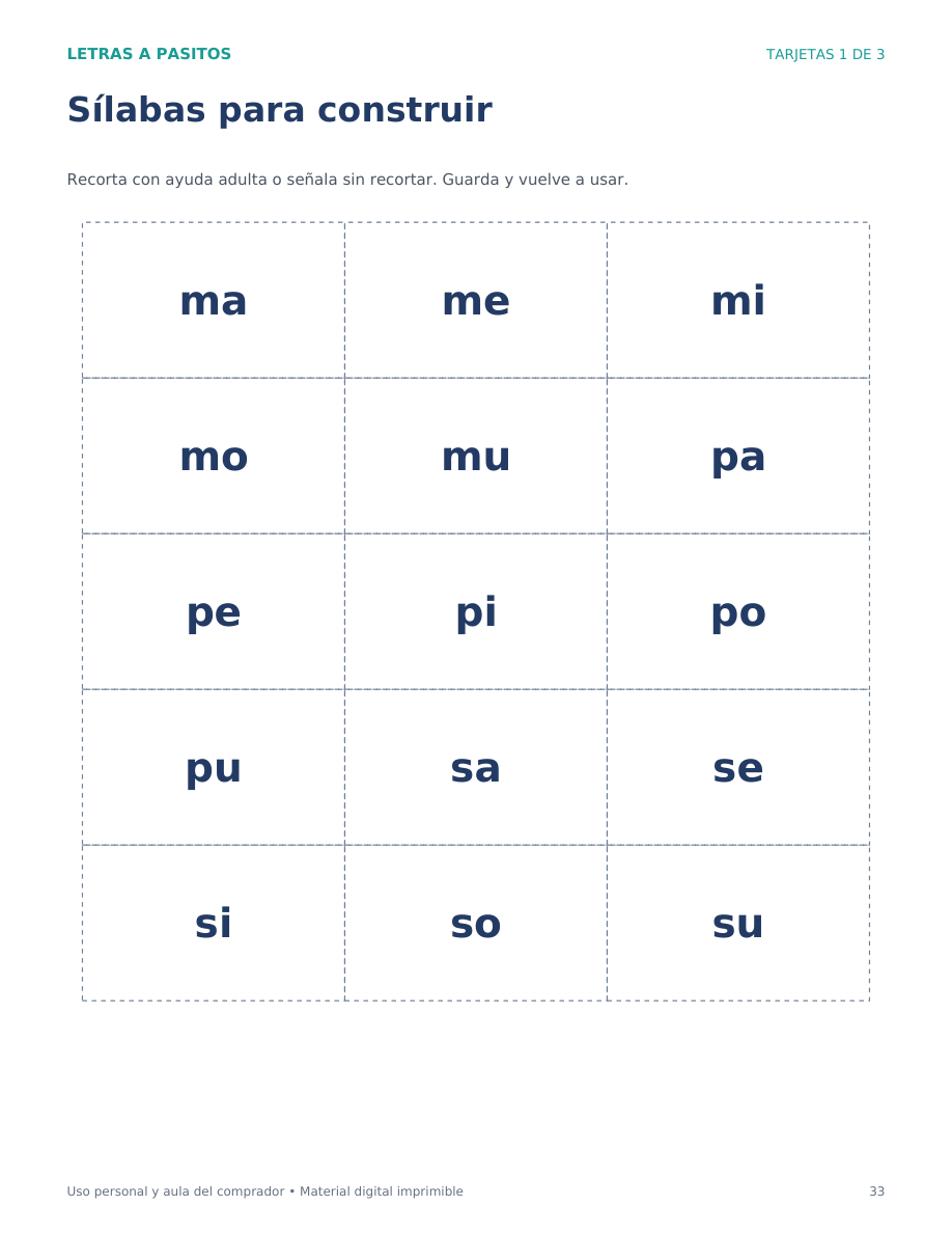 Página real de tarjetas silábicas recortables del kit